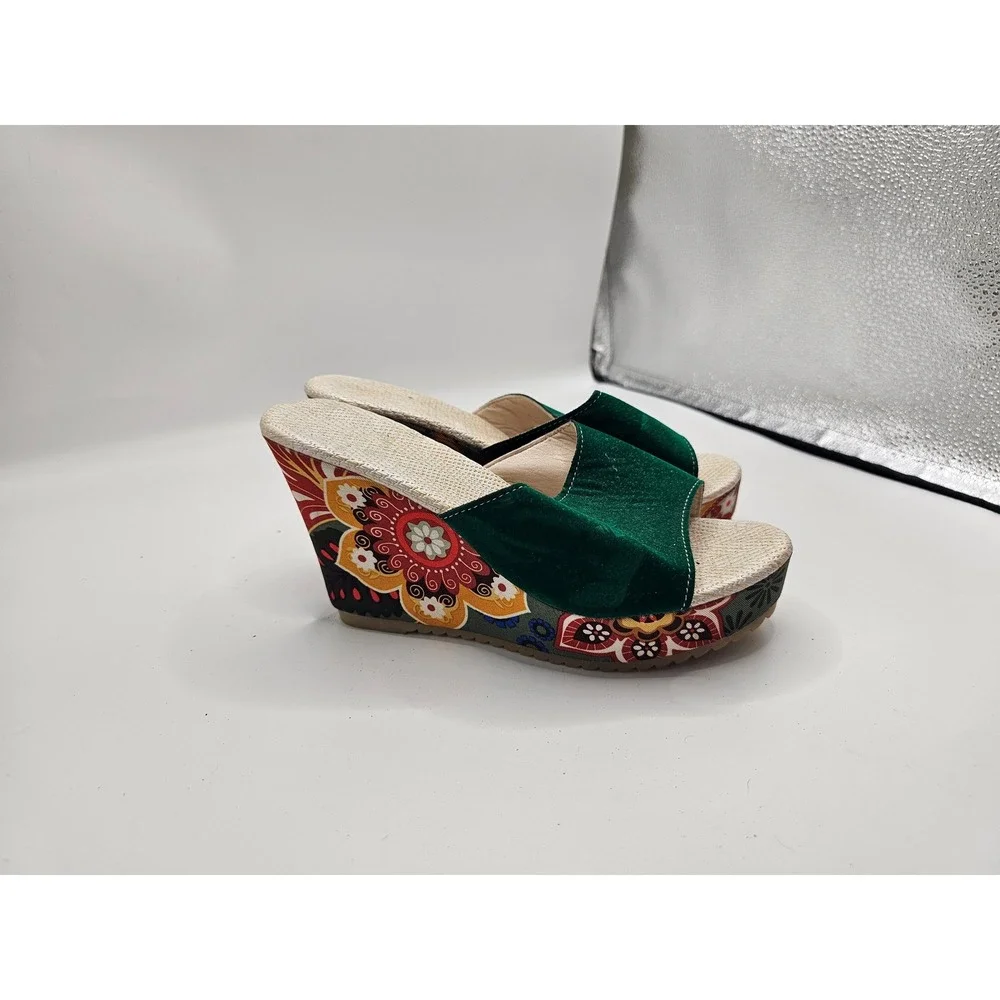 Green Floral Paisley Wedge Sandals Boho Platform Slide Mules Womens 39